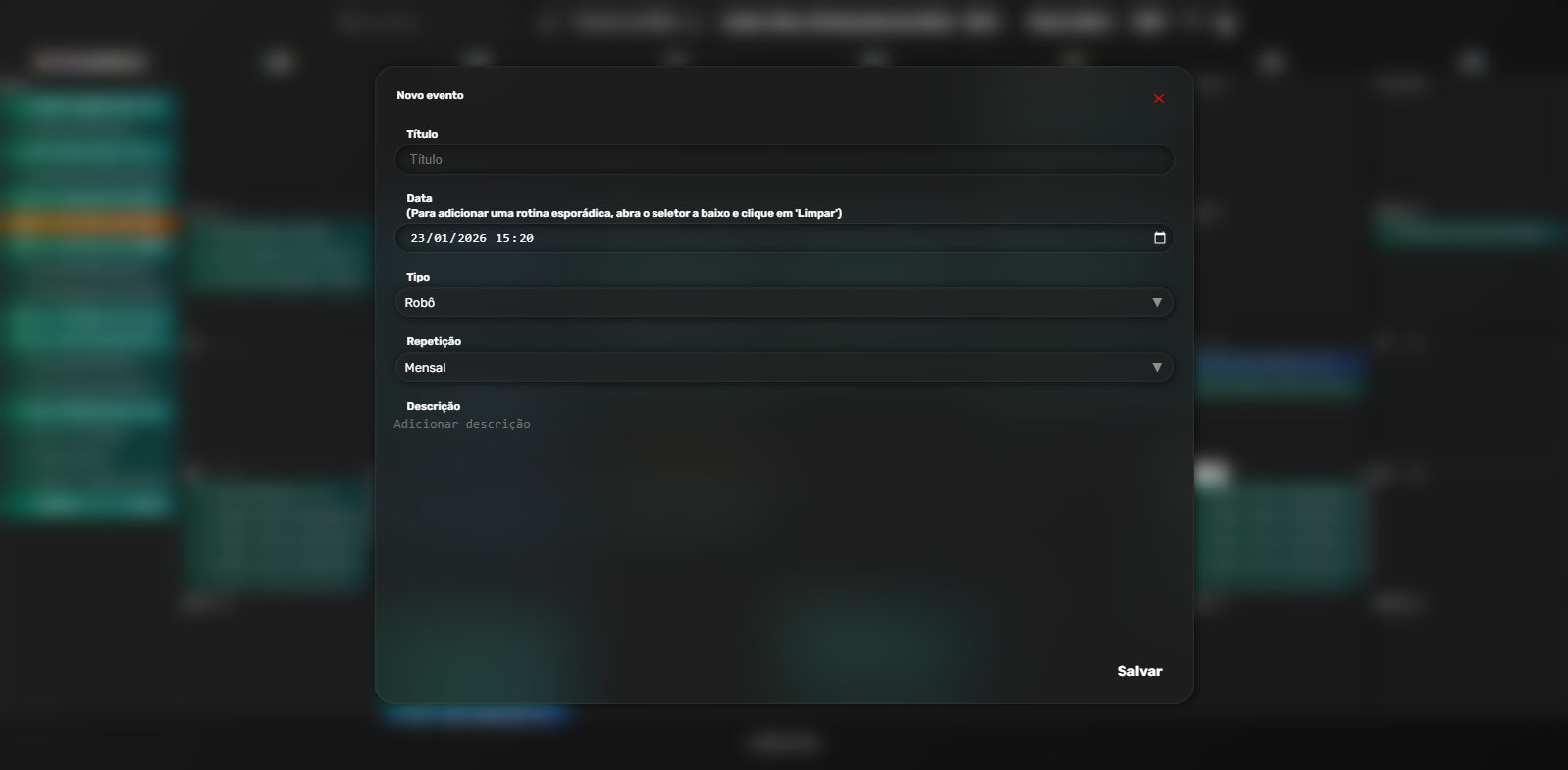 Tela de cadastro de uma nova rotina na agenda em 23 de Janeiro de 2026